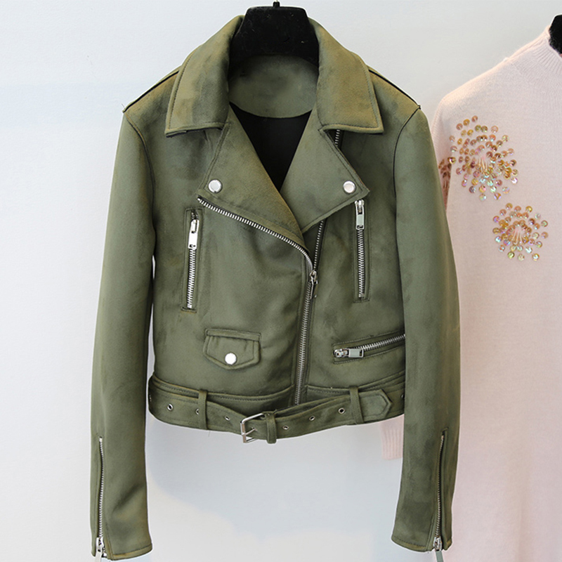 Fitaylor Yellow Suede Leather Jacket Women Slim Zipper Biker Coat Black Motorcycle Biker Belted Short Coats Basic Street Outwear 201030