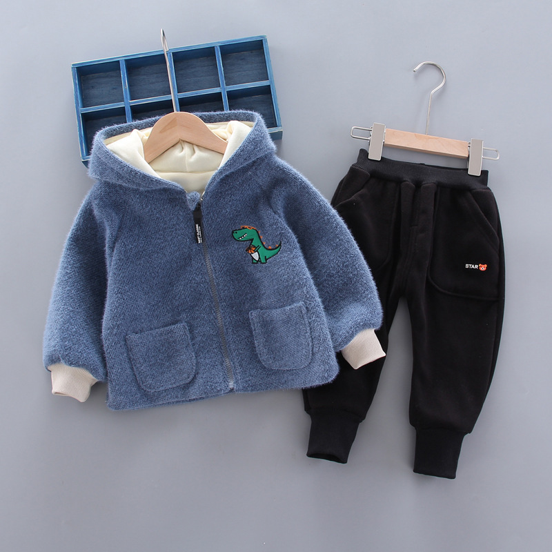 Thicken Children Cartoon Clothes Autumn Winter Baby Boys Girls Casual Hooded Jacket Pants 2Pcs/sets New Kids Fashion TracksuitX1019