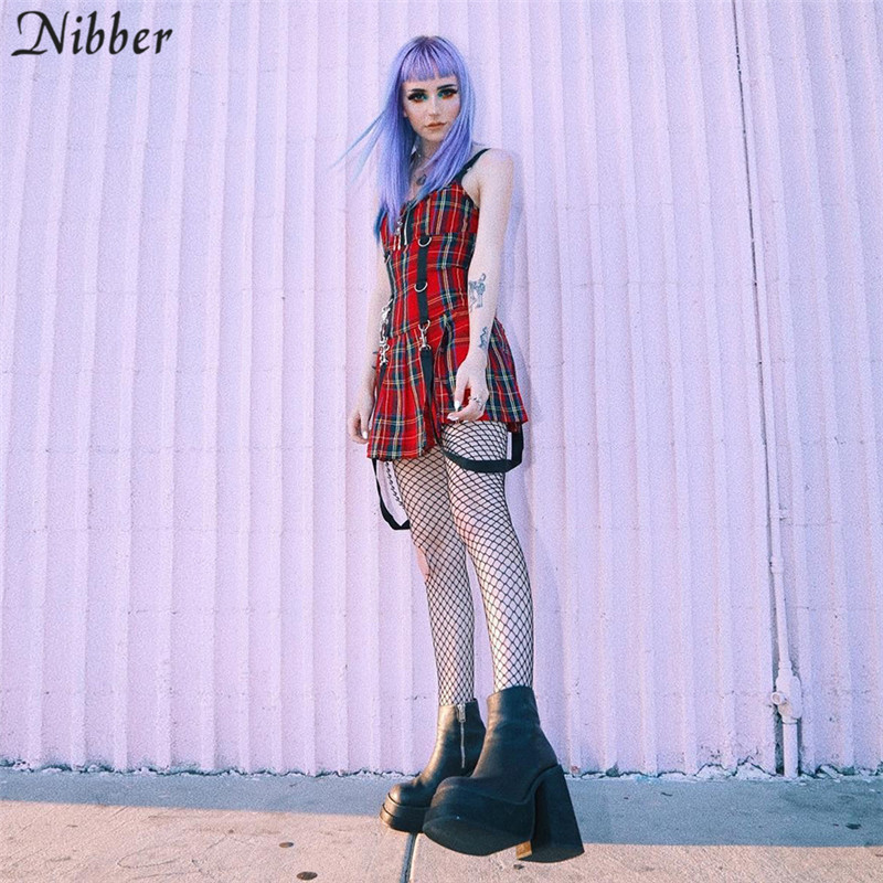 Nibber new women plaid red mini dress gothic style sling sleeveless dress spring Autumn New Fashion girl wild dress T200107