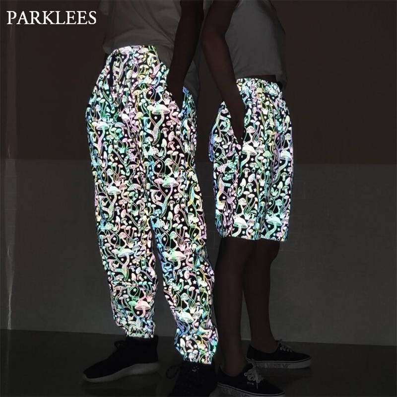 Mens Mushroom Reflective Pants Shiny Colorful Harajuku Hip Hop Dance Fluorescent Pants Night Sporting Joggers Pantalones Hombre 201118