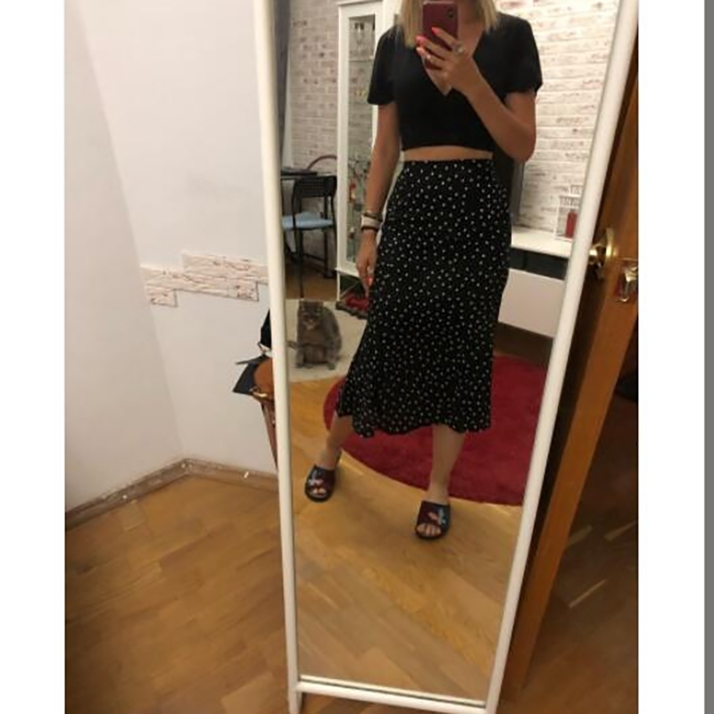 Spring Summer Black Polka Dots Chiffon Skirt Korean Style Women High Waist Mermaid Skirt Elegant Midi Skirt 201110