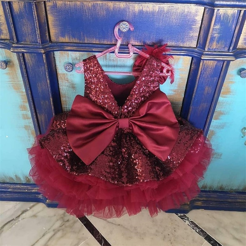 Red Bling Bling Flower Girls Dresses Sleeveless Tiered Sequins Feather Bow First Communion Dress Custom Made Sweep Train Kids Formal Wear