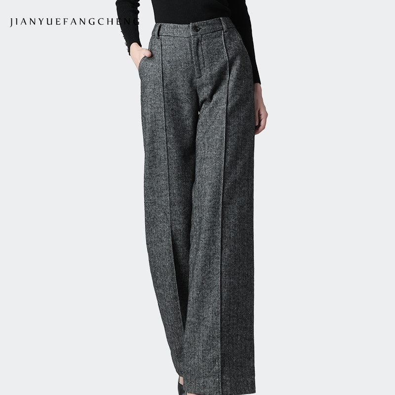 Fashion Wool Wide Leg Pants Women High Waist Straight Casual Brown Long Pants Warm Thicken Winter Trousers Plus Size Street wear 201228