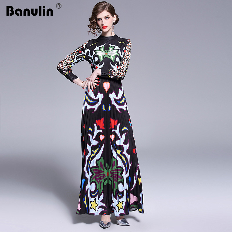 Banulin Runway Long Maxi Dress Women High Quality Charming Floral Long Sleeve Patchwork Elegant Vintage Floor Length Dress T200320