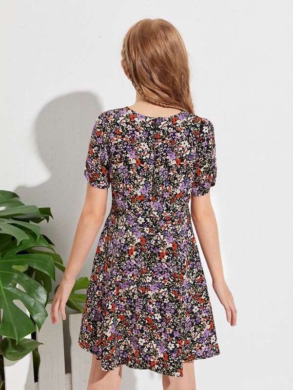 Girls Ditsy Floral Puff Sleeve Dress SHE