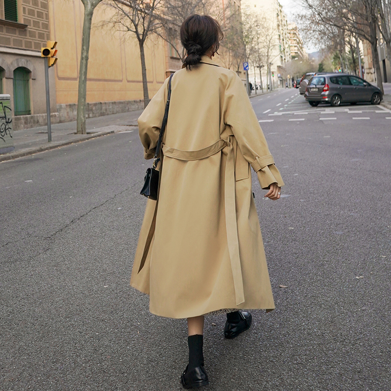 Spring Autumn Double Breasted Women Trench Coat Long Below-Knee Belted Duster Coat Khaki Outerwear for Ladies Windbreaker T200811