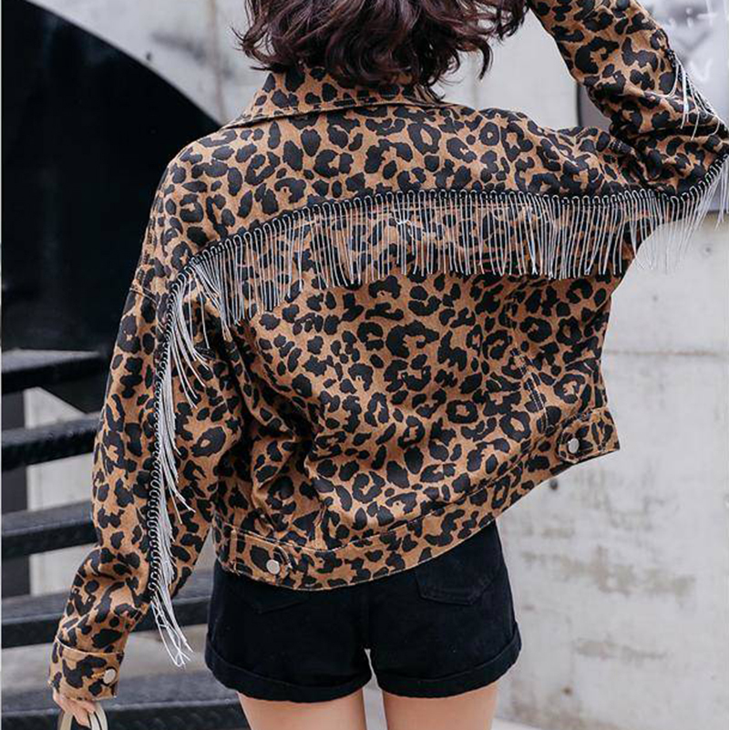 Vintage Leopard Print Jean Jacket Women tassel bat Long Sleeve Bomber Jackets Casual Spring Autumn Loose Short Denim Coat 201017