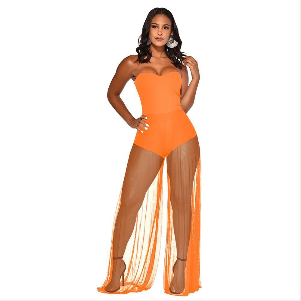 Sexy Off Shoulder Bodysuit with Sheer Mesh Pants Jumpsuit Women Elegant Strapless See Through Bodycon Club wear Rompers Overalls T200303