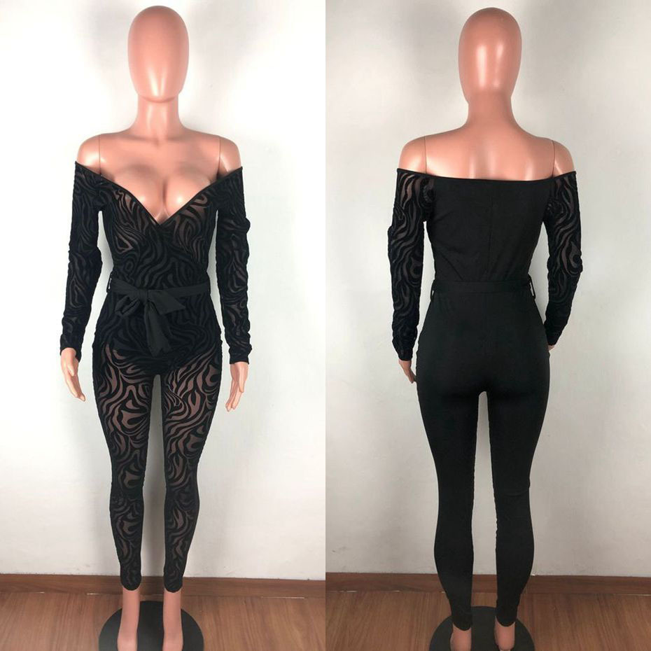 HAOYUAN Sexy Zebra Black Mesh Sheer Jumpsuit Women Club Outfits Transparent Off Shoulder Long Sleeve Bodycon Rompers Overalls T200509