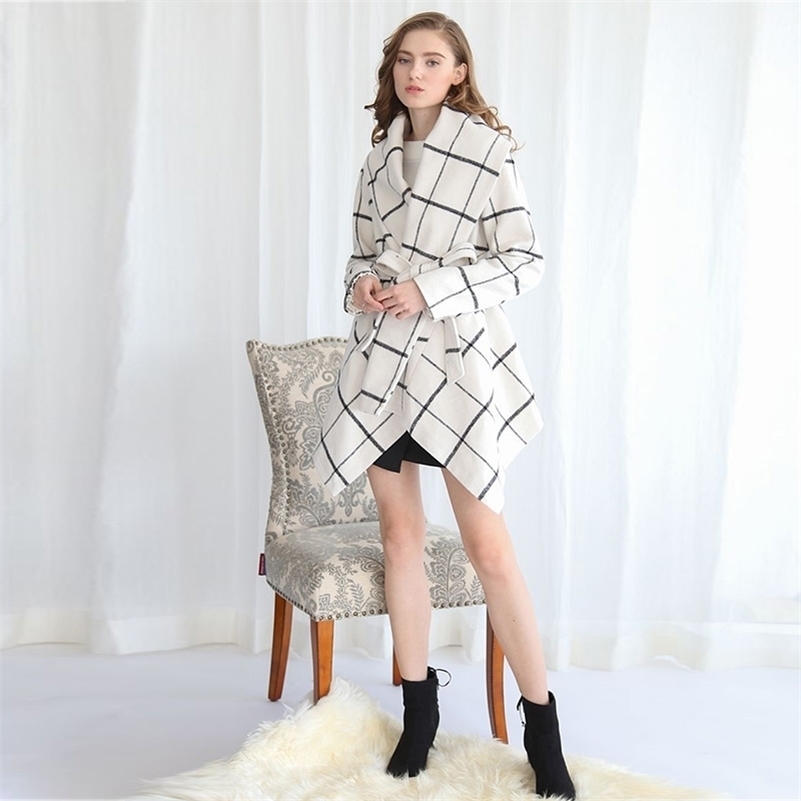 Wome Coat Jackets Autumn Winter Black Irregular Lattice Fashion Urban Casual MidLength Warm Lace Up Woolen Women Clothing 201216