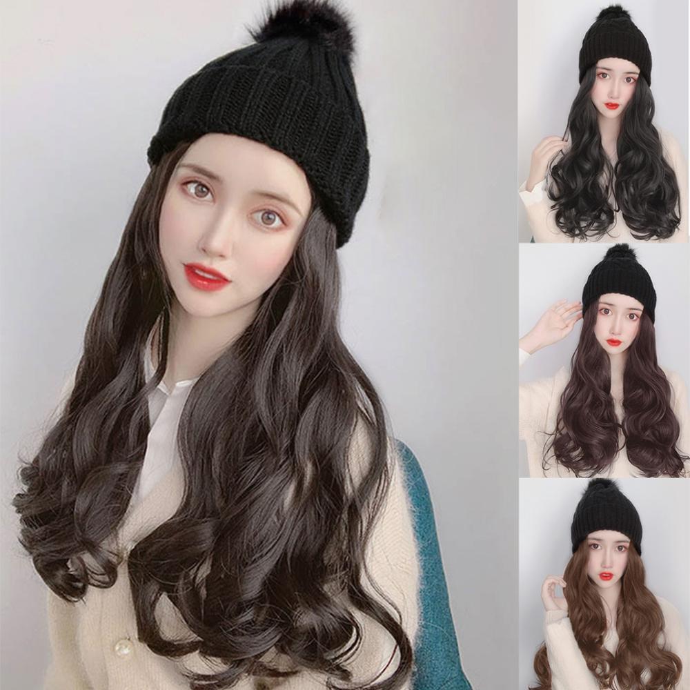 Fashion Women Knit Hat Baseball Cap Wig Straight Long Hair Big Wavy Curly Hair Extensions Girls Beret New Design Simulation Hair Y