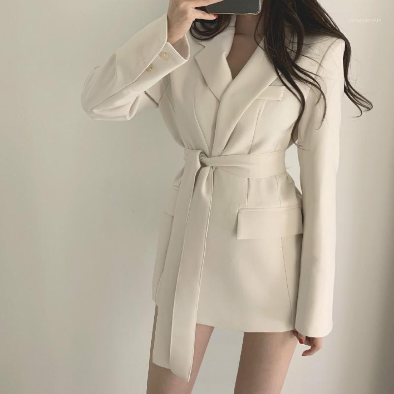 

South Korea east gate spring and autumn new Urban leisure temperament small suit medium and long style waistband lace up Blazer1, Beige