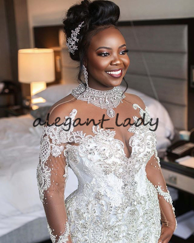 Plus Size Mermaid Wedding Dresses abiti da sposa sirena 2021 Sparkly Crystal Lace Aftican Nigerian Long Sleeve Wedding Gown