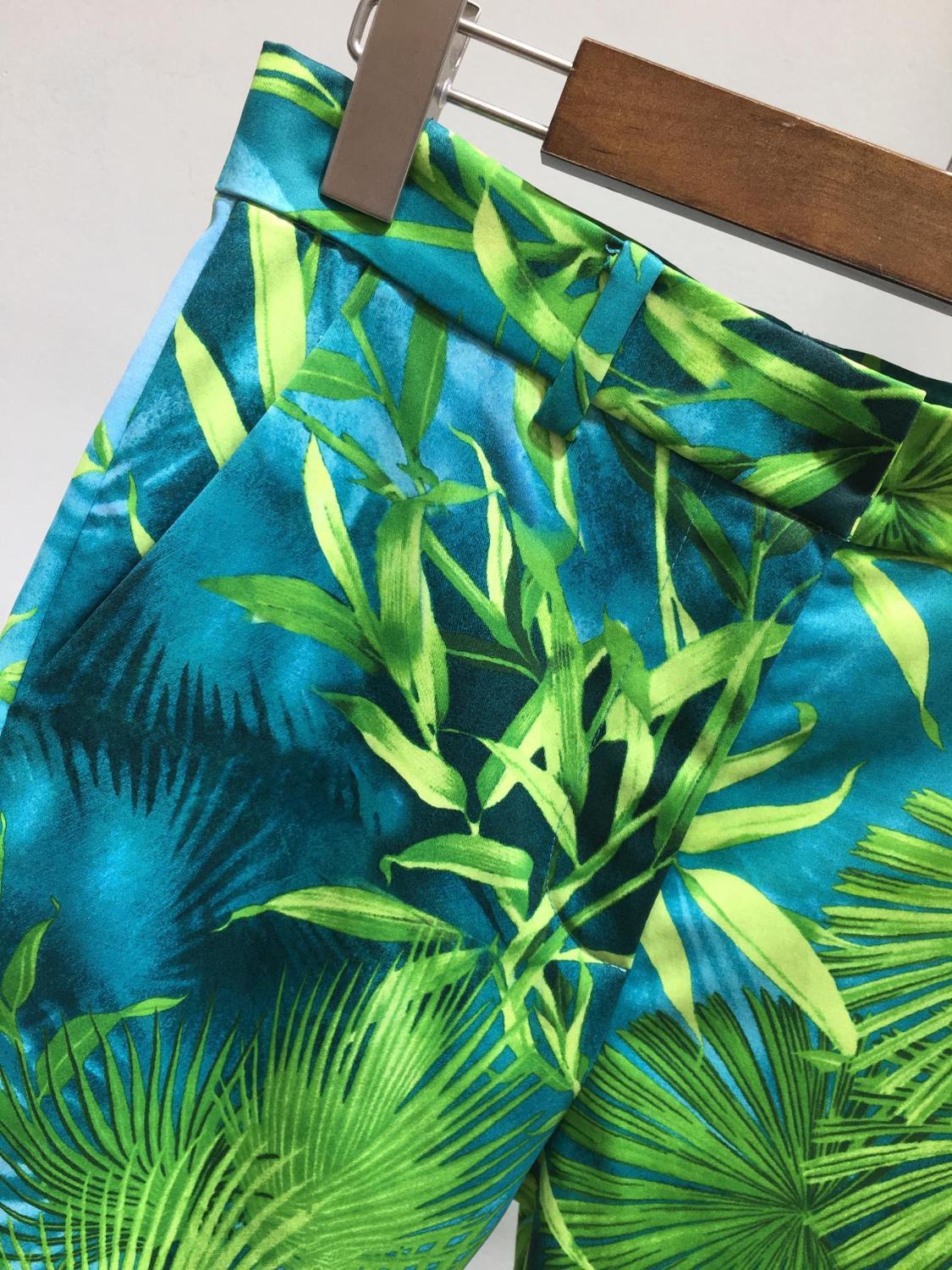 Summer Women's Two Piece Pants Blazer Coat Vintage Print Green Jungle Print Party Sets Vestidos 201007