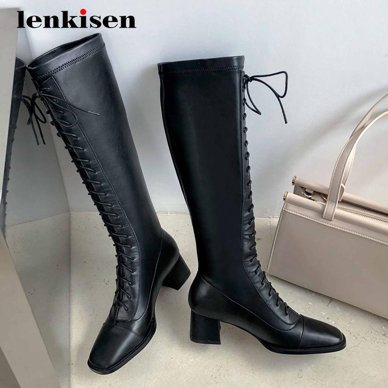 Lenkisen large size motorcycle boots cow leather cross-tied square toe thick med heel lace up stretch star knee-high boots L7f1, Beige 
Lenkisen large size motorcycle boots cow leather cross-tied square toe thick med heel lace up stretch star knee-high boots L7f1, Beige
