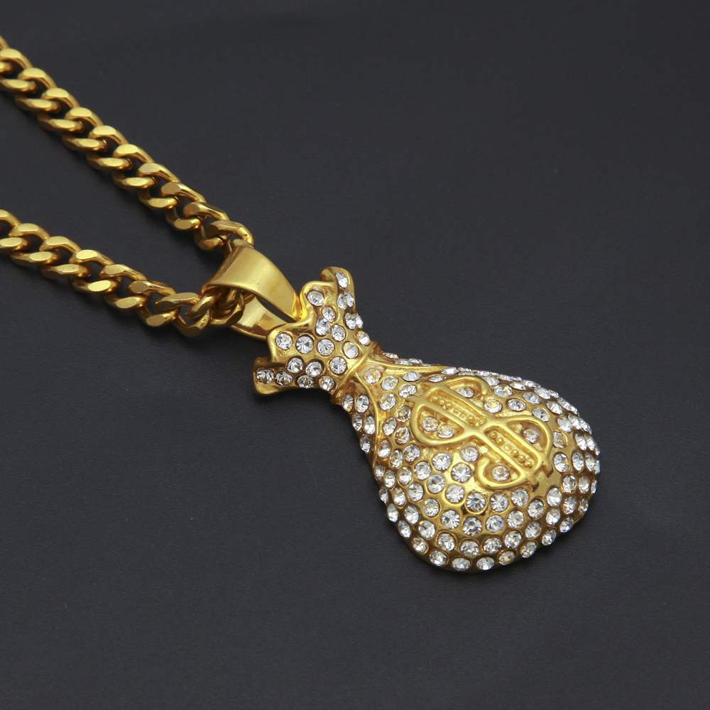 UWIN Stainless Steel Dollar Sign Purse Gold Coins Money Bag Pendant With Rhinestone Charms Iced Out Necklace Hip Hop 201014