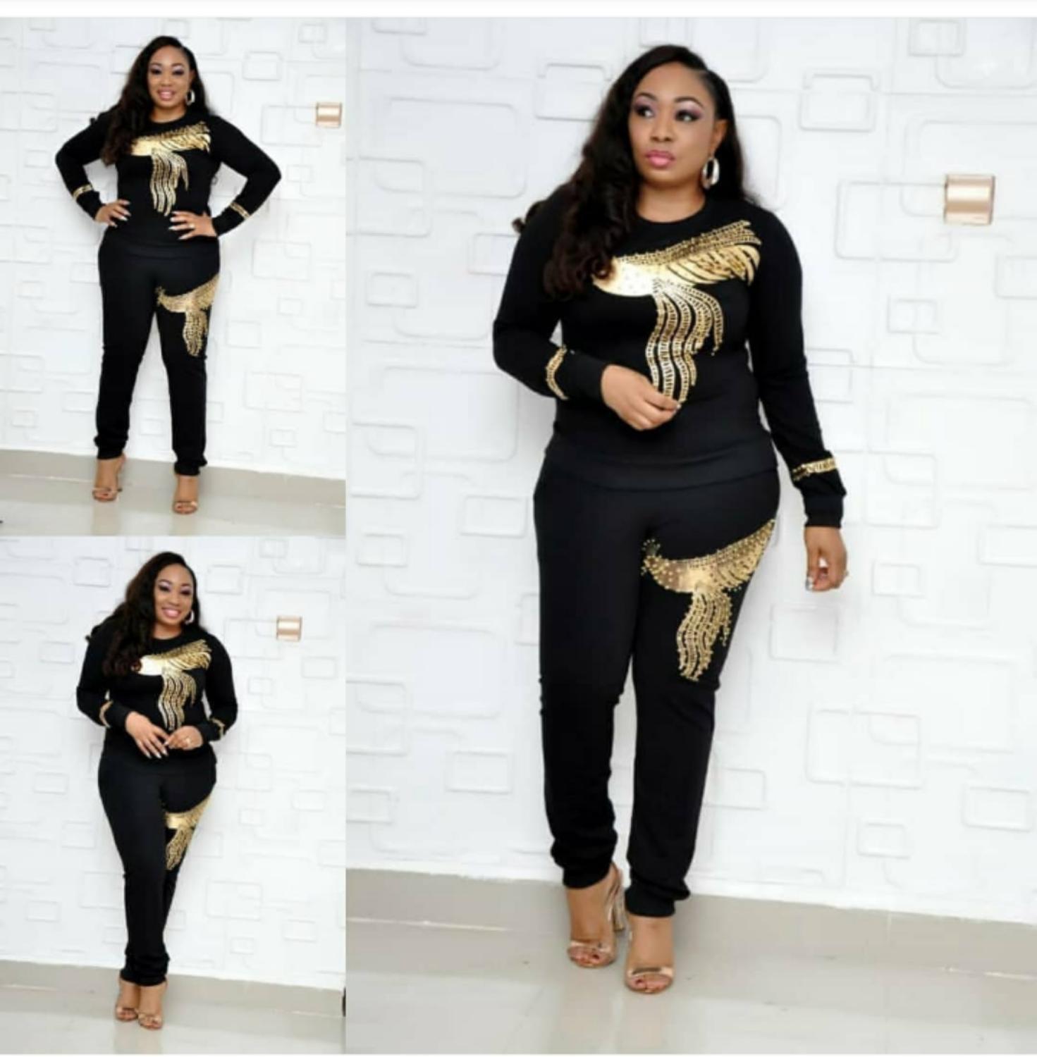Gold Peacock Sequins Black 2 Piece Set Casual Women O Neck Pullover TShirt Top Elastic Waist Pencil Trousers Femme Tracksuit T200618