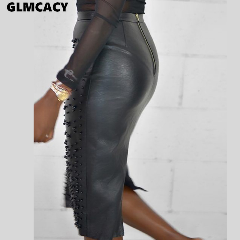Women High Waist Beading PU Faux Leather Pencil Skirt Sexy Club Bandage Skirt Faldas Jupe T200324