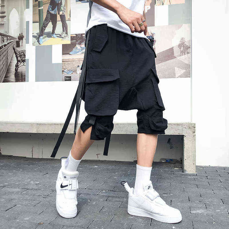 Multi Pockets Ribbons Cargo Shorts Mens Harajuku Hip Hop Drop Crotch Short Pants Korean Style Casual Shorts W220214