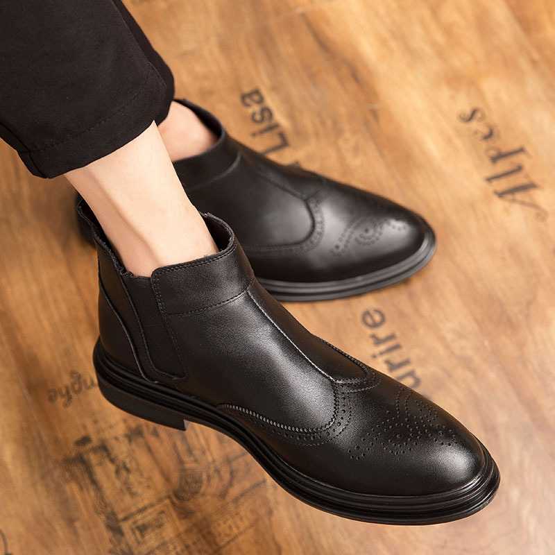 Hot Sale-Autumn Genuine Leather Brogue Shoes Men Vintage British Casual Fashion Dress Ankle Boots Business Work Wedding Boots