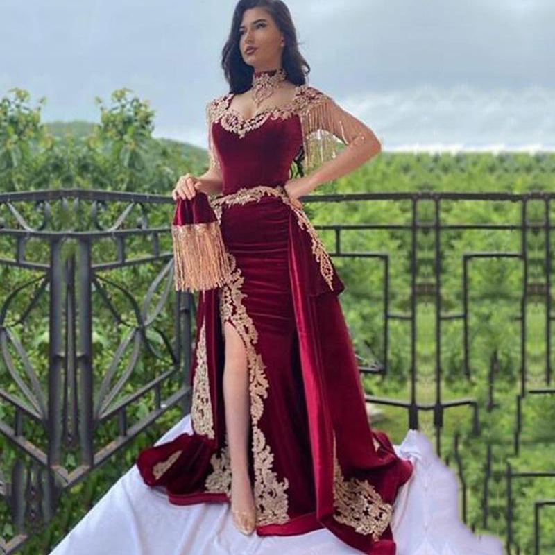2021 Elegant Saudi Arabia Fall Winter Burgundy Velvet Prom Dresses Detachable Overskirt Appliques Gold Lace Tassel Long Formal Evening Gowns