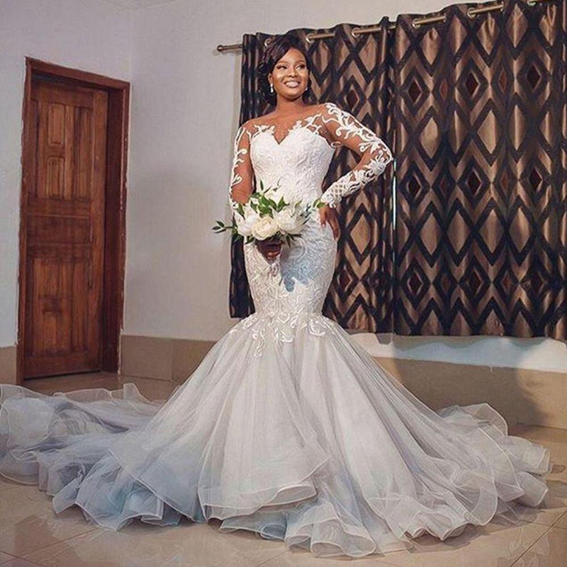 African Mermaid Wedding Dresses Lace Appliqued Plus Size Wedding Gowns Long Custom Made Vestidos De Novia