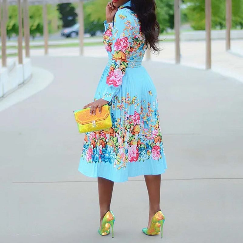 Fall Long Sleeve Women Pleated Floral Print Dress 2020 Elegant Female Plus Size African Office Ladies Vintage Midi Dress Retro J1215