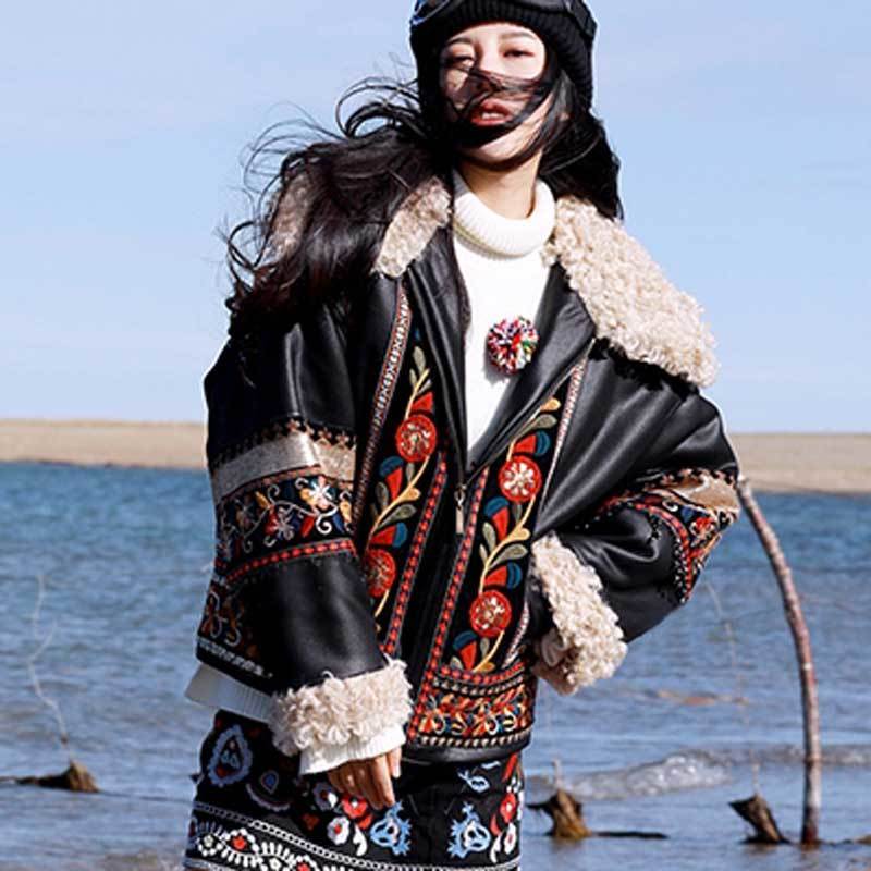 Boho Inspired Lamb Hair floral Embroidered Suede Jacket for women long sleeve boho women jacket coat winter coat warm 201023