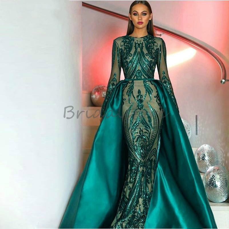 Chi Chi Red Green Mermaid Evening Dresses With Detachable Train O Neck Long Sleeve Sequined Prom Dresses Dubai Muslim Abaya Formal Gown 2021