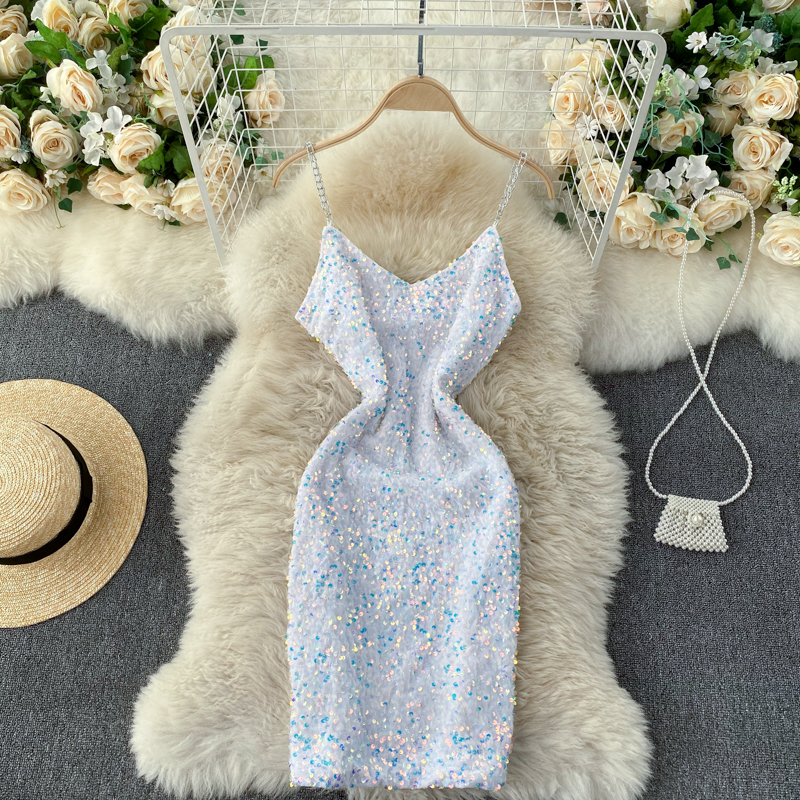 2021 New Singiny chain design women's dress thinly veiled waistband summer gown sequins party short dresses MYKW, White
2021 New Singiny chain design women's dress thinly veiled waistband summer gown sequins party short dresses MYKW, White