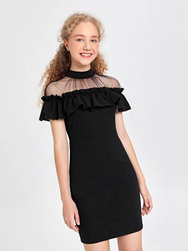 Teen Girls Frill Contrast Mesh Ruffle Fitted Dress SHE