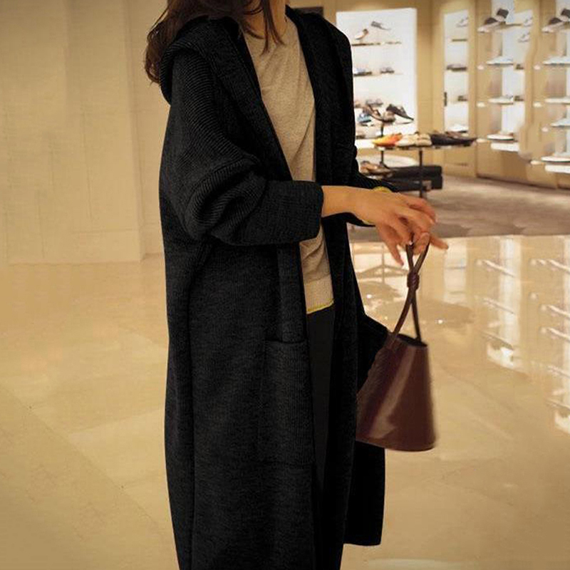 Grey Long Cardigan Women Cashmere Solid Knit Sweater Women Long Sleeve Winter Pockets Female Cardigan Kimono 201030