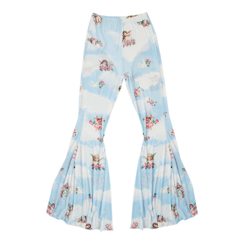 Fashion Flare Pants Women Summer Floral Print Trousers Female Causal Streetwear Elastic Waist Sportwear Mesh Ladies Pants T200606