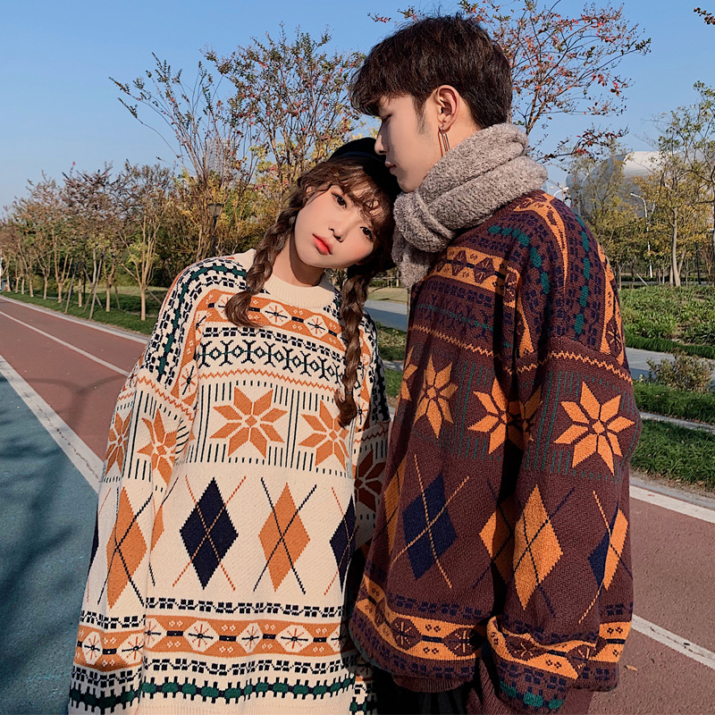 Vintage Thicken Geometric Pattern Women Sweaters Autumn Winter Pullovers Jumpers Female Korean Knitted Sweater couple 210203