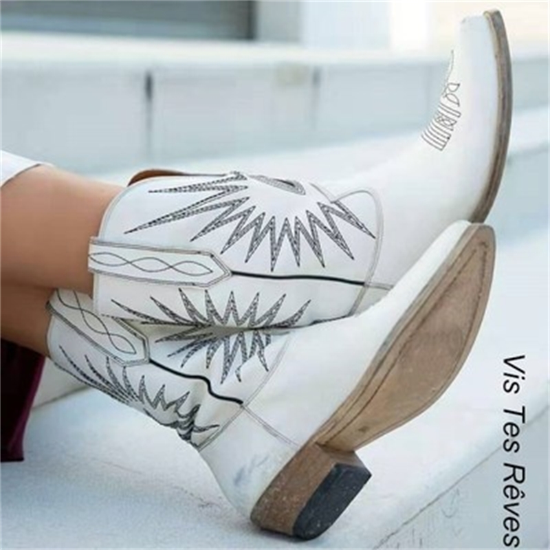 Vinapobo New Embroidered Western Cowboy Boots for Women Square Med Heels Pointy Toe High Quality Knee High Boot Women Shoe 201103