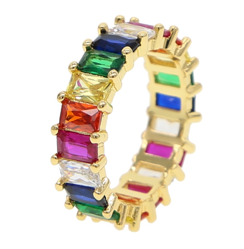 2024 Promotion Hot Selling Gold Rainbow Cz Ring Wedding Engagement Band Stacking Stacks Cz Eternity Colorful Finger Jewelry for Women