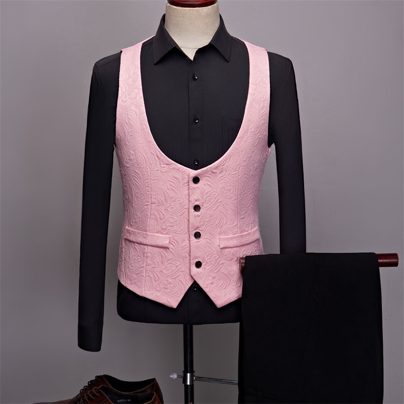 PYJTRL Mens Fashion Big Shawl Lapel 3 Pieces Set Pink Red Blue White Black Wedding Groom Suits Quality Jacquard Banquet Tuxedo 201106