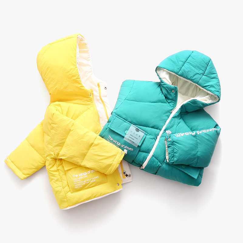 New Winter Children's Down Jackets Boys&Girls Korean Style Trend Printing Hooded Zipper Coats Kids Fashion Short Outwears 201125