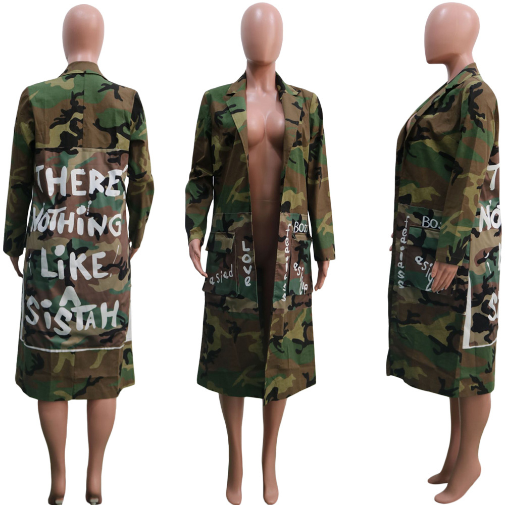 Plus Size Camouflage Trench For Women: Autumn Casual Letter Print Coat With Pockets B3