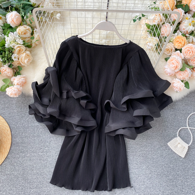 Neploe Chiffon Women Blouses Korean Pleated Causal Solid Shirts Summer 3D Flare Short Sleeve O-neck Blusas Feminimos 4B226 201201