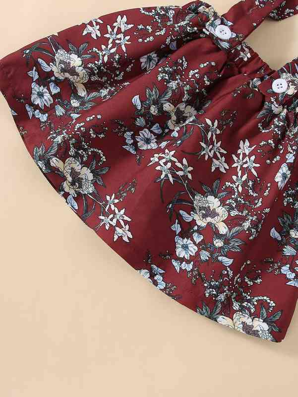 Baby Ruffle Trim Tee & Floral Print Crisscross Pinafore Skirt & Headband SHE