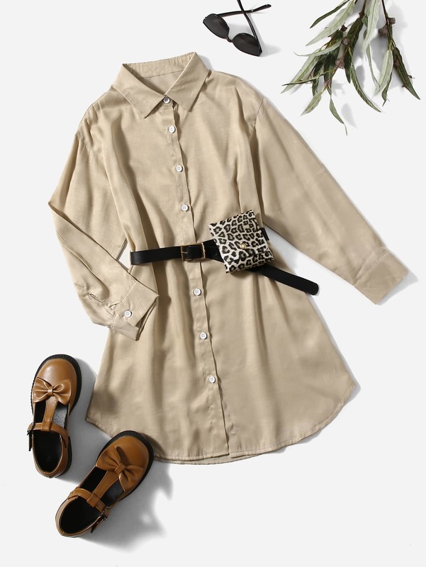Girls Solid Shirt Dress With Belt And Pocket SHE