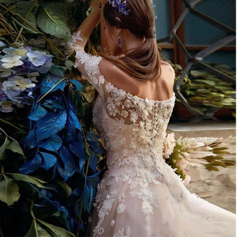 Romantic 2022 Spring Flowers Wedding Dresses Bridal Gowns Pretty A Line Lace Beaded Off Shoulder Long Sleeve Tulle Bride Formal Dress Back Buttons Ves