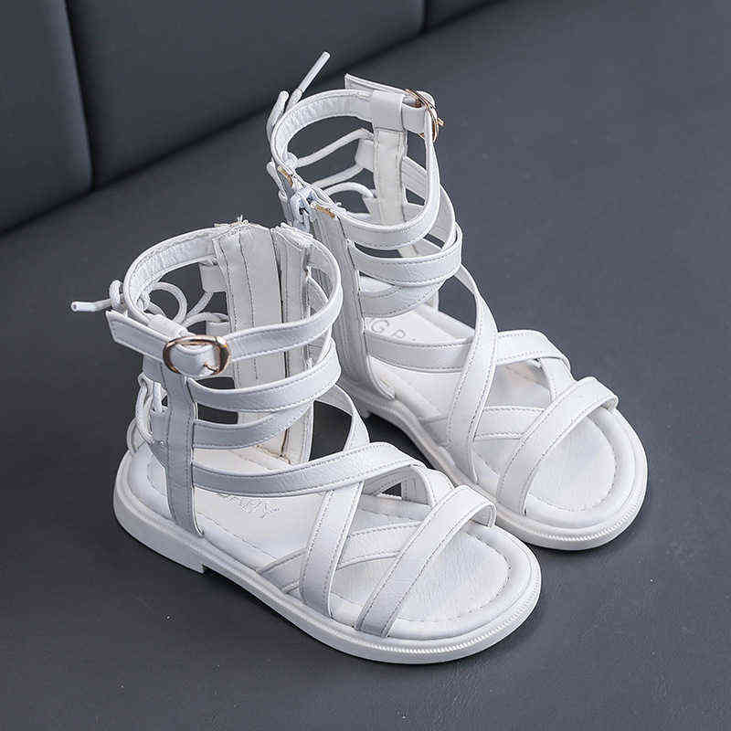 Kids Roman Sandals High-Top Girls Flat Beach Sandals Children Girls Princess Shoes Solid Color Summer Shoes G220307