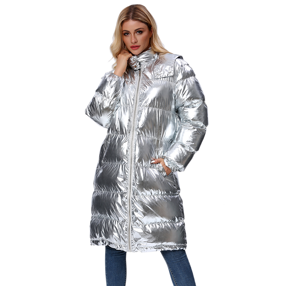 L77street Liizi Winter Thick Tooded Shiny Woman Winter Jacket Silver Long over-the-knee versatile Cotton coat 201110