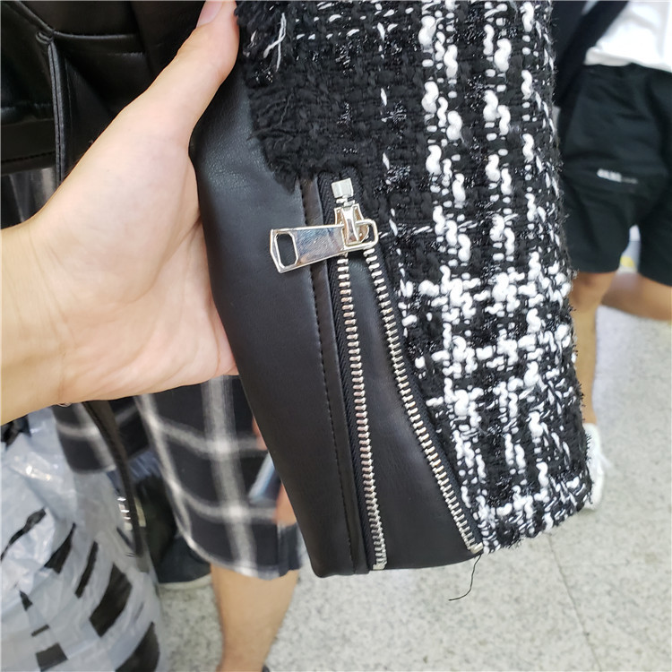 Autumn Tweed Stitching Pu Leather Jacket Women Streetwear Short Jackets Female Lapel Coat Joker Woolen Outwear 201017