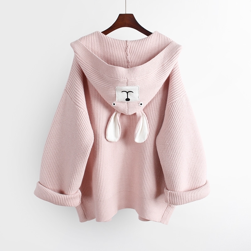 Neploe Women Hooded Cardigan Sweater Cartoon Applique Loose Medium-long Knitwear Coat Autumn Winter Knit Open Stitch 55403 201030