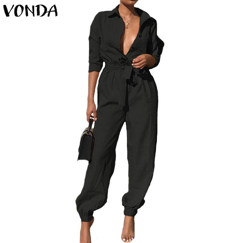 Women's Jumpsuits & Rompers VONDA Party Womens Sexy Overalls 2021 Autumn Casual Pants Vintage Deep V Neck Long Sleeve Playsuits Plus Size