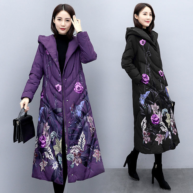 Outerwear Coats Women's Mid-length Winter Retro Hooded Padded Parka Chinese Style Printed Jacket Folk Style Clothing y075 201029