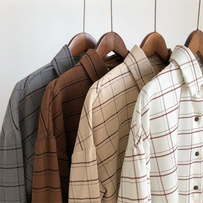 Loose Cotton Checkered Plaid College Blouses Shirt Cage Female Long Sleeve Casual Women Blouse Shirt Office Lady Tops T200319